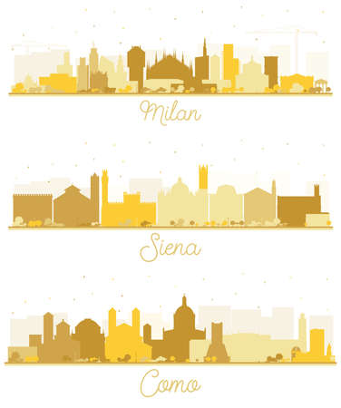 Siena Tuscany, Como and Milan Italy City Skyline Silhouette Set with Golden Buildings Isolated on White. Cityscape with Landmarks.の写真素材