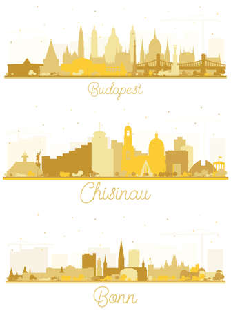Budapest Hungary, Bonn Germany and Chisinau Moldova City Skyline Silhouette Set with Golden Buildings Isolated on White. Travel and Tourism Concept with Historic Architecture. Cityscape with Landmarks.の写真素材