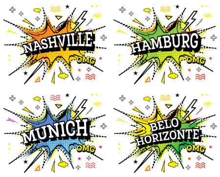 Hamburg, Munich, Belo Horizonte and Nashville Comic Text Set in Pop Art Style Isolated on White Background.の写真素材