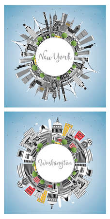 New York and Washington DC USA City Skylines Set with Color Buildings, Blue Sky and Copy Space. Cityscape with Landmarks.の写真素材