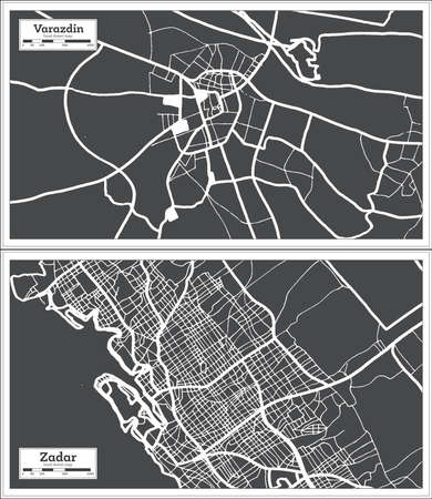 Zadar and Varazdin Croatia City Map Set in Black and White Color in Retro Style. Outline Map.の写真素材