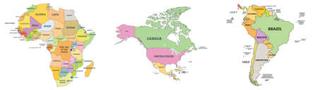 Political Map of Africa, North America and South America. Map with Name of Countries Isolated on White.の写真素材
