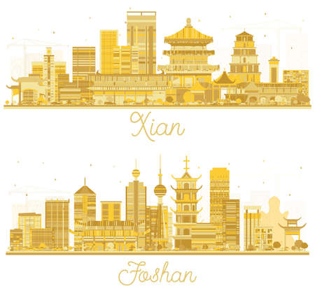 Foshan and Xian China City Skyline Set with Golden Buildings Isolated on White. Business Travel and Tourism Concept with Historic Architecture. Cityscape with Landmarks.の写真素材