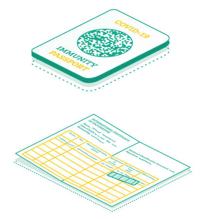 Isometric Immunity Passport Icon. Coronavirus Covid-19 Outline Concept. Isolated on White Background. International Certificate of Vaccination.の写真素材