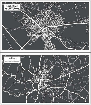 Valjevo and Subotica Serbia City Map Set in Black and White Color in Retro Style. Outline Map.の写真素材