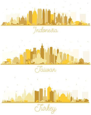 Turkey, Taiwan, Indonesia Cities Skyline Silhouette Set with Golden Buildings Isolated on White. Tourism Concept with Historic Architecture. Cityscape with Landmarks. Jakarta. Surabaya. Bekasi.の写真素材