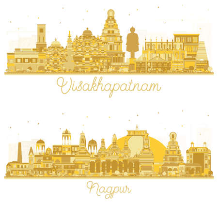 Nagpur and Visakhapatnam City Skyline Set with Golden Buildings Isolated on White. Business Travel and Tourism Concept with Historic Architecture. Cityscape with Landmarks.の写真素材