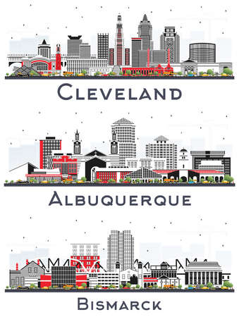 Cleveland Ohio, Bismarck North Dakota and Albuquerque New Mexico City Skyline Set with Color Buildings Isolated on White. Cityscape with Landmarks.の写真素材