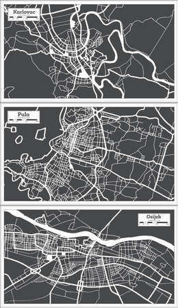 Pula, Osijek and Karlovac Croatia City Map Set in Black and White Color in Retro Style. Outline Map.の写真素材