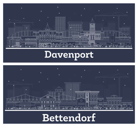 Outline Bettendorf and Davenport Iowa USA City Skyline Set with White Buildings. Business Travel and Tourism Concept with Historic Architecture. Cityscape with Landmarks.の写真素材