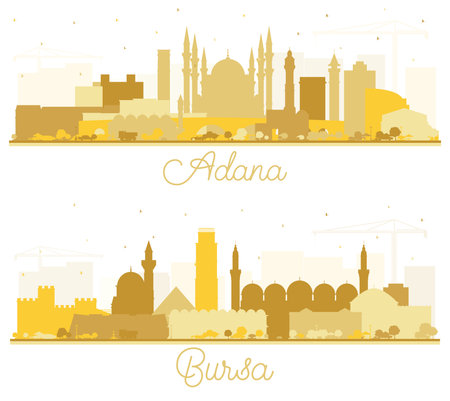 Adana and Bursa Turkey City Skyline Silhouette Set with Golden Buildings Isolated on White. Travel and Tourism Concept with Historic Architecture. Cityscape with Landmarks.の写真素材