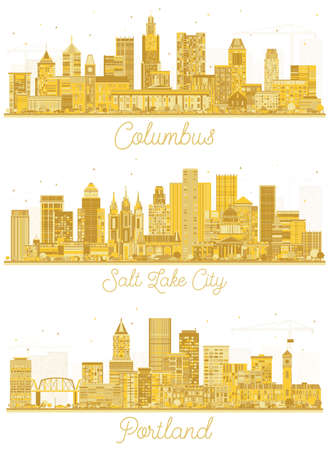 Salt Lake City Utah, Portland Oregon and Columbus Ohio City Skyline Set with Golden Buildings Isolated on White. Business Travel and Tourism Concept with Modern Architecture.の写真素材