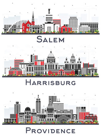 Salem Oregon, Providence Rhode Island and Harrisburg Pennsylvania City Skyline Set with Color Buildings Isolated on White. Cityscape with Landmarks.の写真素材