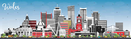 Wales City Skyline with Gray Buildings and Blue Sky. Vector Illustration. Concept with Historic Architecture. Wales Cityscape with Landmarks. Cardiff. Swansea. Newport.のイラスト素材