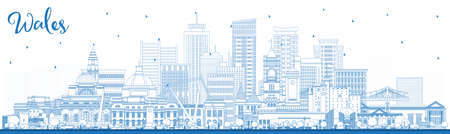Outline Wales City Skyline with Blue Buildings. Vector Illustration. Concept with Historic Architecture. Wales Cityscape with Landmarks. Cardiff. Swansea. Newport.のイラスト素材