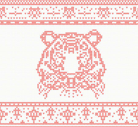 Knitted Tiger. Seamless Pattern in Red Color. Vector Illustration. Happy Chinese New Year.のイラスト素材