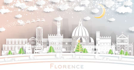 Florence Italy City Skyline in Paper Cut Style with Snowflakes, Moon and Neon Garland. Vector Illustration. Christmas and New Year Concept. Santa Claus on Sleigh. Florence Cityscape with Landmarks.のイラスト素材