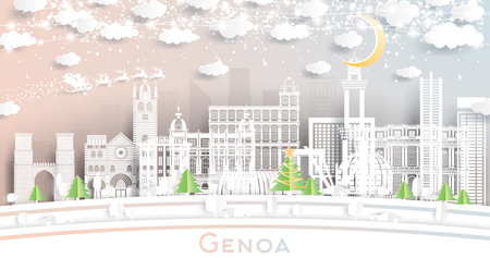 Genoa Italy City Skyline in Paper Cut Style with Snowflakes, Moon and Neon Garland. Vector Illustration. Christmas and New Year Concept. Santa Claus on Sleigh. Genoa Cityscape with Landmarks.のイラスト素材
