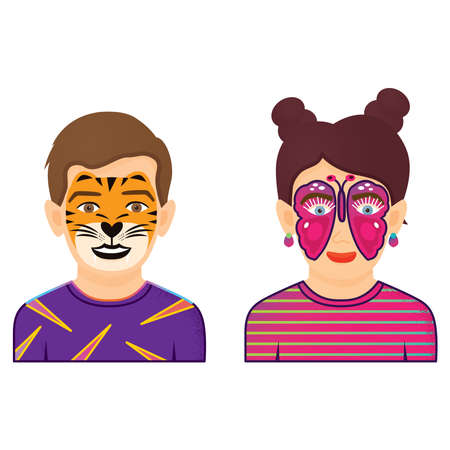 Face Painting Icons. Boy and Girl with Tiger and Butterfly Painting Isolated on White Background. Vector Illustration. Kids Faces Collection.のイラスト素材