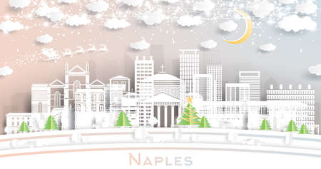 Naples Italy City Skyline in Paper Cut Style with Snowflakes, Moon and Neon Garland. Vector Illustration. Christmas and New Year Concept. Santa Claus on Sleigh. Naples Cityscape with Landmarks.のイラスト素材