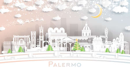 Palermo Italy City Skyline in Paper Cut Style with Snowflakes, Moon and Neon Garland. Vector Illustration. Christmas and New Year Concept. Santa Claus on Sleigh. Palermo Cityscape with Landmarks.のイラスト素材