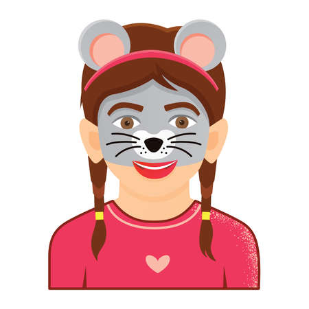 Face Painting Portrait of Funny Girl on White Background. Icon with Mouse Character. Vector Illustration.のイラスト素材