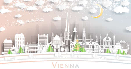 Vienna Austria City Skyline in Paper Cut Style with Snowflakes, Moon and Neon Garland. Vector Illustration. Christmas and New Year Concept. Santa Claus on Sleigh. Vienna Cityscape with Landmarks.のイラスト素材