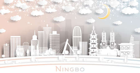 Ningbo China City Skyline in Paper Cut Style with White Buildings, Moon and Neon Garland. Vector Illustration. Travel and Tourism Concept. Ningbo Cityscape with Landmarks.のイラスト素材