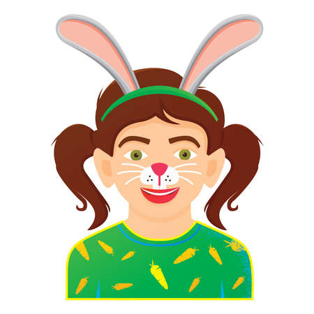 Face Painting Icon with Girl with Rabbit Painting. Isolated on White Background. Vector Illustration. Funny Kid Face.のイラスト素材