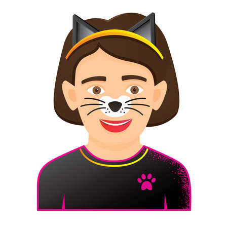 Face Painting Icon with Girl with Cat Painting. Isolated on White Background. Vector Illustration. Funny Kid Face.のイラスト素材