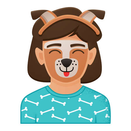Face Painting with Girl or Boy with Dog Painting. Isolated on White Background. Vector Illustration. Icon with Funny Kid Face. Carnaval Mask.のイラスト素材