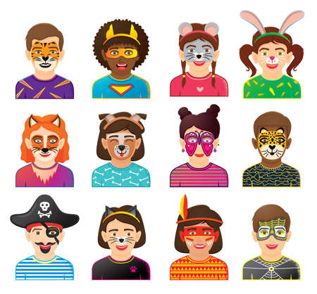 Face Painting. Collection of Kids Faces with Painting with Animals and Superheroes. Vector Illustration. Funny Kids Faces. Carnaval Costume with Mask. Girls and Boys Isolated on White Background.のイラスト素材