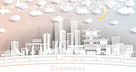 Changsha China City Skyline in Paper Cut Style with White Buildings, Moon and Neon Garland. Vector Illustration. Travel and Tourism Concept. Changsha Cityscape with Landmarks.のイラスト素材