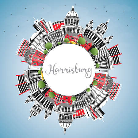 Harrisburg Pennsylvania City Skyline with Color Buildings, Blue Sky and Copy Space. Vector Illustration. Harrisburg USA Cityscape with Landmarks. Travel and Tourism Concept with Modern Architecture.のイラスト素材