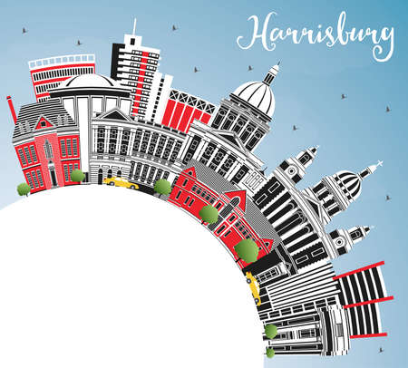 Harrisburg Pennsylvania City Skyline with Color Buildings, Blue Sky and Copy Space. Vector Illustration. Harrisburg USA Cityscape with Landmarks. Travel and Tourism Concept with Modern Architecture.のイラスト素材