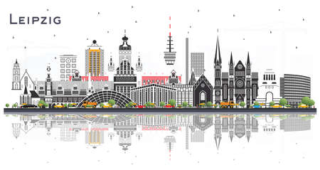 Leipzig Germany City Skyline with Gray Buildings and Reflections Isolated on White. Vector Illustration. Business Travel and Tourism Concept with Historic Architecture. Cityscape with Landmarks.のイラスト素材
