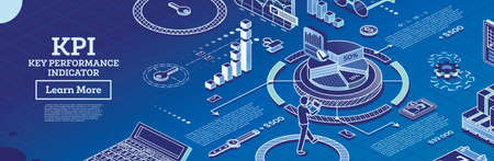 KPI Key Performance Indicator. Vector Illustration. Isometric Concept of Business Performance Strategy and Analysis. Infographic Charts on Blue Background. The Efficiency of Company.のイラスト素材