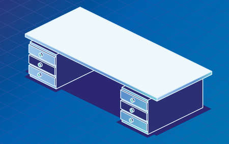 Office Table with Drawers. Empty Desk. Isometric Concept. Vector Illustration. Single Object on Blue Background. Modern Table. Outline Style.のイラスト素材