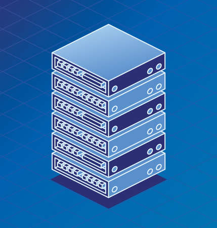 Server Rack Isometric Outline Object on Blue Background. Vector Illustration. Unit of Data Center. 3d Icon.のイラスト素材