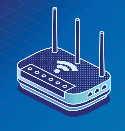 Isometric Network Router. Vector Illustration. Outline Wifi Wireless Router with Antennas on Blue Background.のイラスト素材