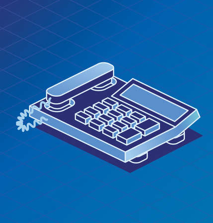 Isometric Landline Phone. Outline Telephone Blue Background. Vector Illustration. 3d Icon. Office Equipment.のイラスト素材