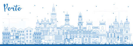 Outline Porto Portugal City Skyline with Blue Buildings. vector illustration. Porto Cityscape with Landmarks. Business Travel and Tourism Concept with Historic Architecture.のイラスト素材
