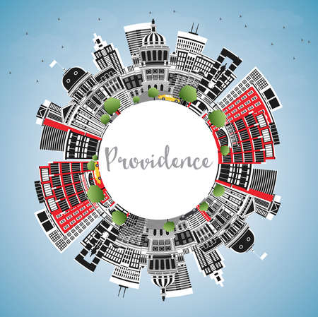 Providence Rhode Island City Skyline with Color Buildings, Blue Sky and Copy Space. vector illustration. Providence USA Cityscape with Landmarks. Travel and Tourism Concept with Modern Architecture.のイラスト素材
