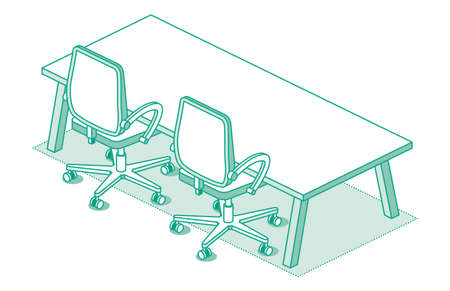 Two Isometric Office Chairs on Wheels and Modern Table with Four Legs. vector illustration. Outline Desk Chair Icon. Furniture for Interior. Empty Desk. Objects Isolated on White Background.のイラスト素材
