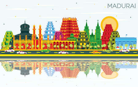 Madurai India City Skyline with Color Buildings, Blue Sky and Reflections. vector illustration. Business Travel and Concept with Historic Architecture. Madurai Cityscape with Landmarks.のイラスト素材