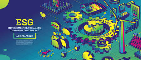 ESG Concept of Environmental, Social and Governance. vector illustration. sustainable development. Isometric Outline Concept. green color. alternative energy. Talking people.のイラスト素材