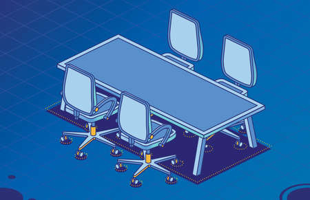 Four Isometric Office Chairs on Wheels and Modern Table with Four Legs. vector illustration. Desk chairs. Furniture for Interior. Empty Desk. Objects on Blue Background. board of directors.のイラスト素材