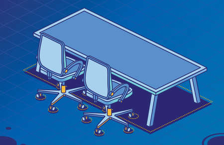 Two Isometric Office Chairs on Wheels and Modern Table with Four Legs. vector illustration. Outline...