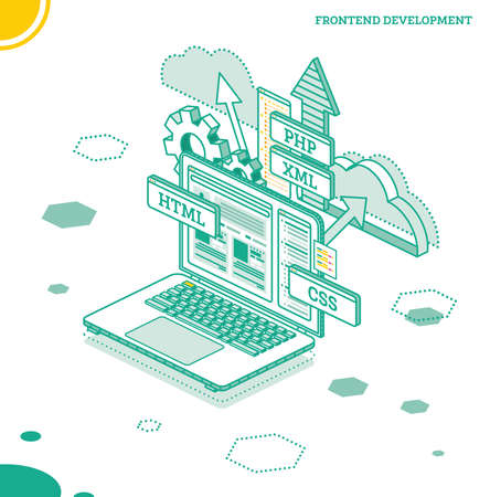 front end development. Isometric Concept with Laptop Isolated on White. Creating a Site Layout Using Programming Languages. HTML, CSS, PHP and XML Programming Code. vector illustration.のイラスト素材
