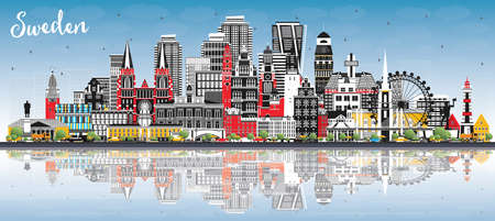 Welcome to Sweden. City Skyline with Gray Buildings, Blue Sky and Reflections. Vector Illustration. Historic Architecture. Sweden Cityscape with Landmarks. Stockholm. Uppsala. Malmo. Gothenburg.のイラスト素材